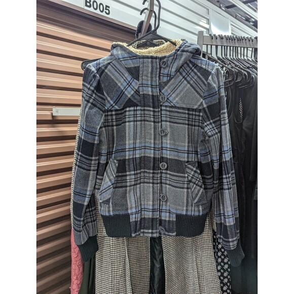 aeropostale Size Small Blue Plaid Flannel Bomber Wool Blend Coat With Hood - Picture 3 of 9